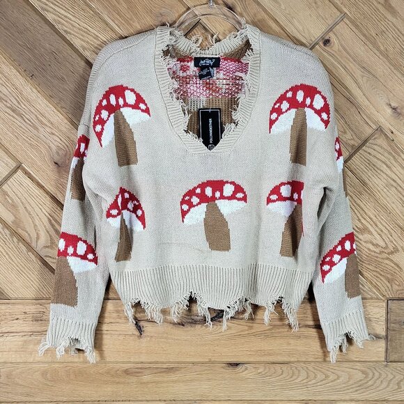 just polly Sweaters - Just Polly Mushroom Pattern Distressed Beige Knit Sweater Size S Oversized NEW